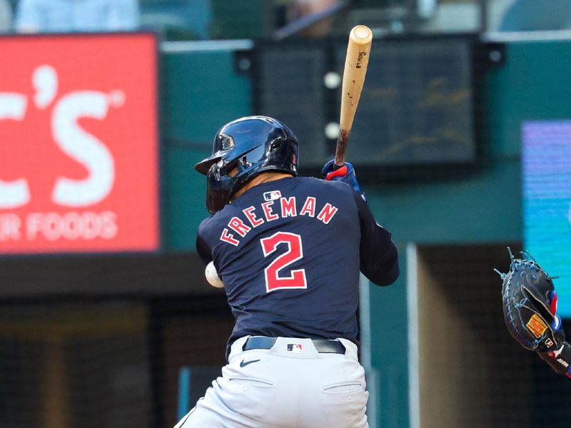 May 14, 2024; Arlington, Texas, USA;  Cleveland Guardians center fielder Tyler Freeman (2) gets hit by a pitch during the first inning against the Texas Rangers at Globe Life Field. Mandatory Credit: Kevin Jairaj-USA TODAY Sports