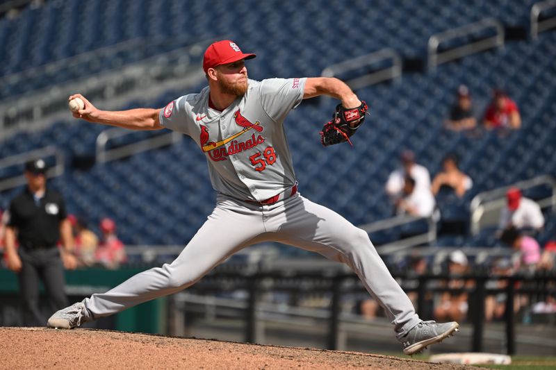 Jul 7, 2024; Washington, District of Columbia, USA; St. Louis Cardinals relief pitcher Chris Roycroft (58) throws a pitch against the Washington Nationals during the eighth inning at Nationals Park. Mandatory Credit: Rafael Suanes-USA TODAY Sports