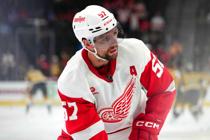 Mar 9, 2024; Las Vegas, Nevada, USA; Detroit Red Wings left wing David Perron (57) warms up before a game against the Vegas Golden Knights at T-Mobile Arena. Mandatory Credit: Stephen R. Sylvanie-USA TODAY Sports