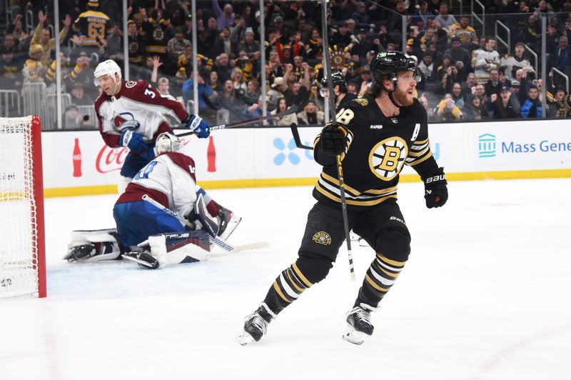 Jan 18, 2024; Boston, Massachusetts, USA; Boston Bruins right wing David Pastrnak (88) reacts after scoring a goal  during the third period against the Colorado Avalanche at TD Garden. Mandatory Credit: Bob DeChiara-USA TODAY Sports