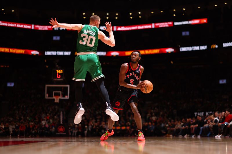 TORONTO, CANADA - JANUARY 15:  Immanuel Quickley #5 of the Toronto Raptors handles the ball during the game as Sam Hauser #30 of the Boston Celtics plays defense on January 15, 2024 at the Scotiabank Arena in Toronto, Ontario, Canada.  NOTE TO USER: User expressly acknowledges and agrees that, by downloading and or using this Photograph, user is consenting to the terms and conditions of the Getty Images License Agreement.  Mandatory Copyright Notice: Copyright 2024 NBAE (Photo by Vaughn Ridley/NBAE via Getty Images)