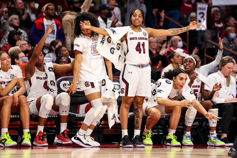 Jan 5, 2023; Columbia, South Carolina, USA; South Carolina Gamecocks guard Kierra Fletcher (41) and the rest of the bench celebrate a play against the Auburn Tigers in the second half at Colonial Life Arena. Mandatory Credit: Jeff Blake-USA TODAY Sports