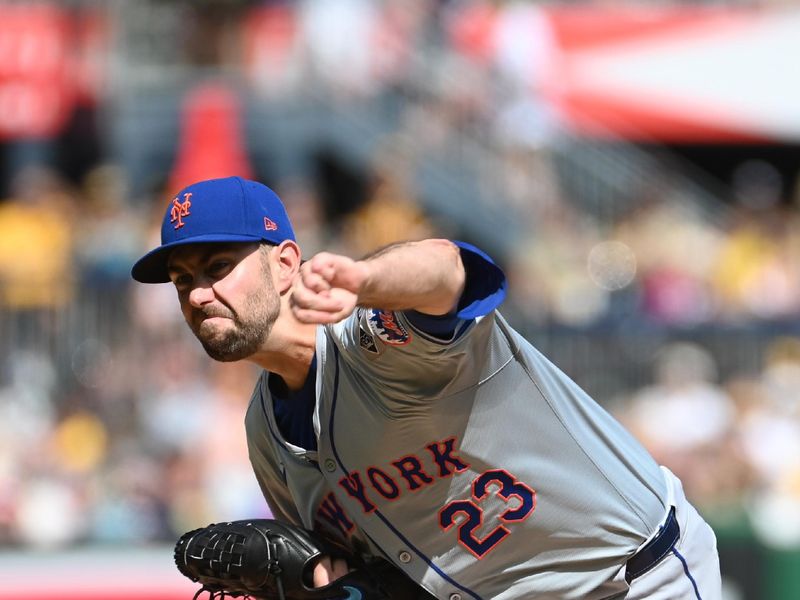 Jul 6, 2024; Pittsburgh, Pennsylvania, USA;  New York Mets starting pitcherDavid Peterson (23) delivers a first-inning pitch against the Pittsburgh Pirates at PNC Park. Mandatory Credit: Philip G. Pavely-USA TODAY Sports