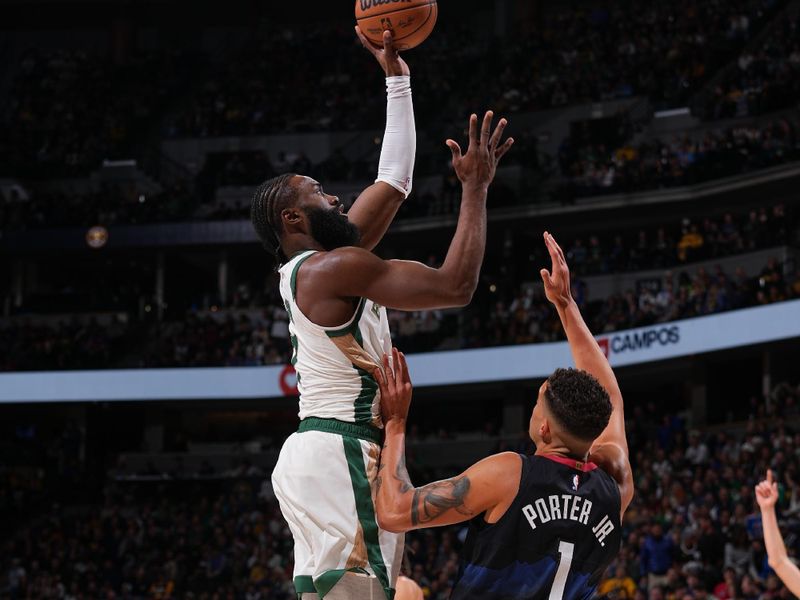 DENVER, CO - MARCH 7: Jaylen Brown #7 of the Boston Celtics drives to the basket during the game against the Denver Nuggets on March 7, 2024 at the Ball Arena in Denver, Colorado. NOTE TO USER: User expressly acknowledges and agrees that, by downloading and/or using this Photograph, user is consenting to the terms and conditions of the Getty Images License Agreement. Mandatory Copyright Notice: Copyright 2024 NBAE (Photo by Bart Young/NBAE via Getty Images)