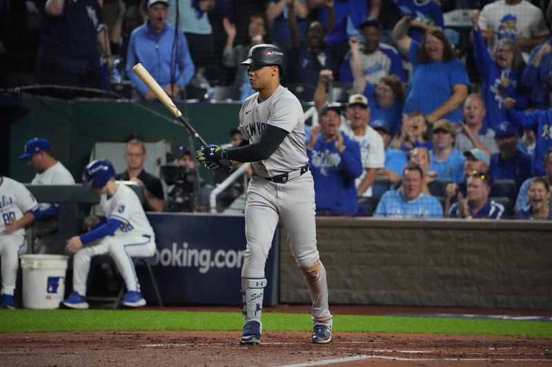 Oct 10, 2024; Kansas City, Missouri, USA; New York Yankees outfielder Juan Soto (22) strikes out during the third inning against the Kansas City Royals during game four of the ALDS for the 2024 MLB Playoffs at Kauffman Stadium. Mandatory Credit: Denny Medley-Imagn Images
