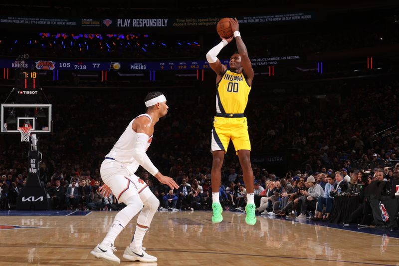 NEW YORK, NY - OCTOBER 25: Bennedict Mathurin #00 of the Indiana Pacers shoots a three point basket during the game against the New York Knicks on October 25, 2024 at Madison Square Garden in New York City, New York.  NOTE TO USER: User expressly acknowledges and agrees that, by downloading and or using this photograph, User is consenting to the terms and conditions of the Getty Images License Agreement. Mandatory Copyright Notice: Copyright 2024 NBAE  (Photo by David L. Nemec/NBAE via Getty Images)