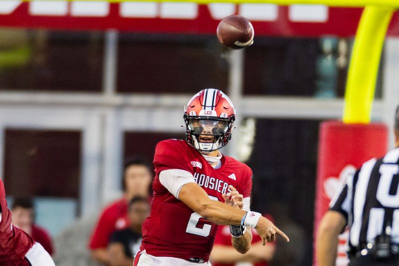 Sep 8, 2023; Bloomington, Indiana, USA; Indiana Hoosiers quarterback Tayven Jackson (2) passes the ball in the first half against the Indiana State Sycamores at Memorial Stadium. Mandatory Credit: Trevor Ruszkowski-USA TODAY Sports