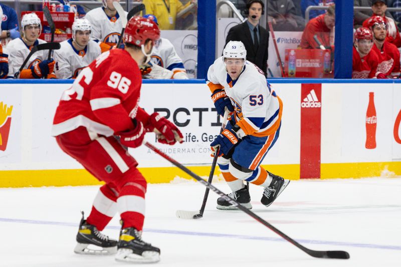 Oct 30, 2023; Elmont, New York, USA; New York Islanders center Casey Cizikas (53) skates with the puck against the Detroit Red Wings during overtime at UBS Arena. Mandatory Credit: Thomas Salus-USA TODAY Sports