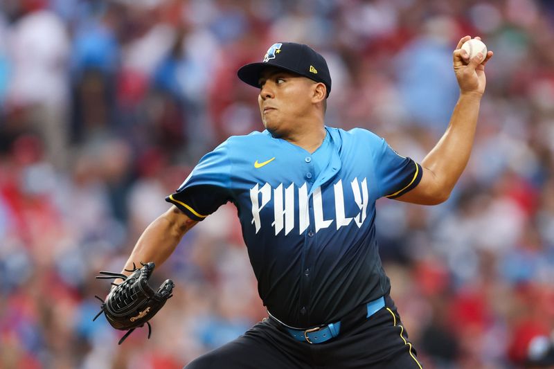 Aug 30, 2024; Philadelphia, Pennsylvania, USA; Philadelphia Phillies pitcher Ranger Suárez (55) throws a pitch during the first inning against the Atlanta Braves at Citizens Bank Park. Mandatory Credit: Bill Streicher-USA TODAY Sports