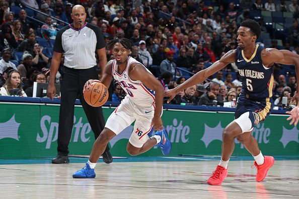 NEW ORLEANS, LA - NOVEMBER 29: Tyrese Maxey #0 of the Philadelphia 76ers dribbles the ball during the game against the New Orleans Pelicans on November 29, 2023 at the Smoothie King Center in New Orleans, Louisiana. NOTE TO USER: User expressly acknowledges and agrees that, by downloading and or using this Photograph, user is consenting to the terms and conditions of the Getty Images License Agreement. Mandatory Copyright Notice: Copyright 2023 NBAE (Photo by Layne Murdoch Jr./NBAE via Getty Images)