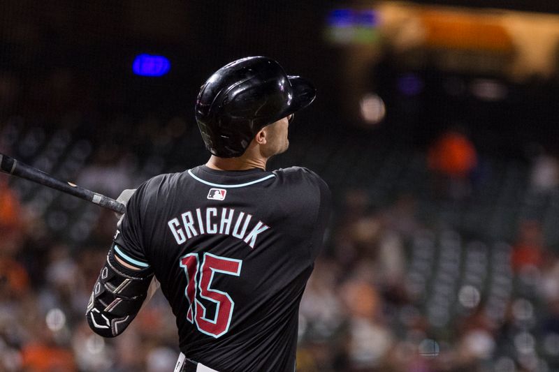 Sep 3, 2024; San Francisco, California, USA;  Arizona Diamondbacks left fielder Randal Grichuk (15) hits a solo home run against the San Francisco Giants during the fifth inning at Oracle Park. Mandatory Credit: John Hefti-Imagn Images