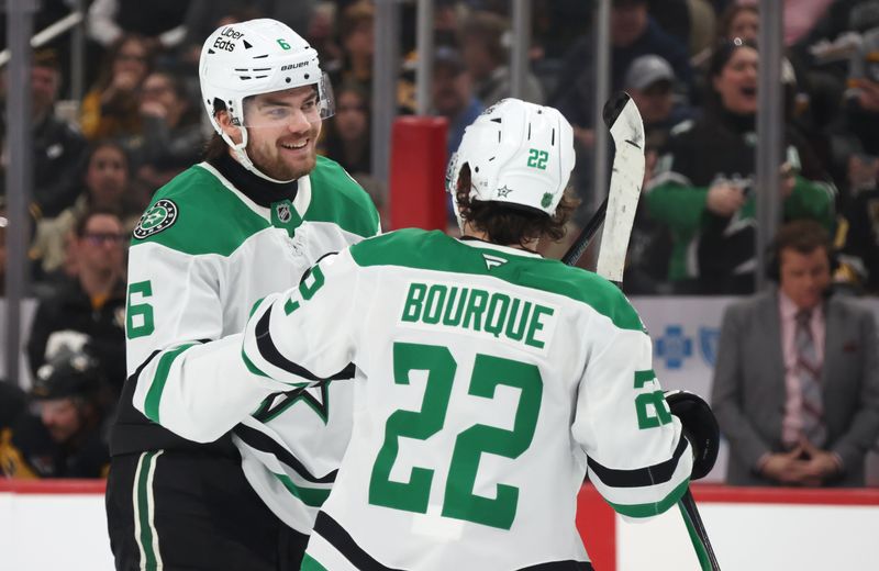 Mar 28, 2026; Pittsburgh, Pennsylvania, USA;  Dallas Stars defenseman Lian Bichsel (6) reacts with center Mavrik Bourque (22) after Bichsel scored a goal against the Pittsburgh Penguins during the second period at PPG Paints Arena. Mandatory Credit: Charles LeClaire-Imagn Images
