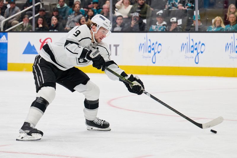 Apr 4, 2024; San Jose, California, USA; Los Angeles Kings right wing Adrian Kempe (9) scores a goal against the San Jose Sharks during the first period at SAP Center at San Jose. Mandatory Credit: Robert Edwards-USA TODAY Sports