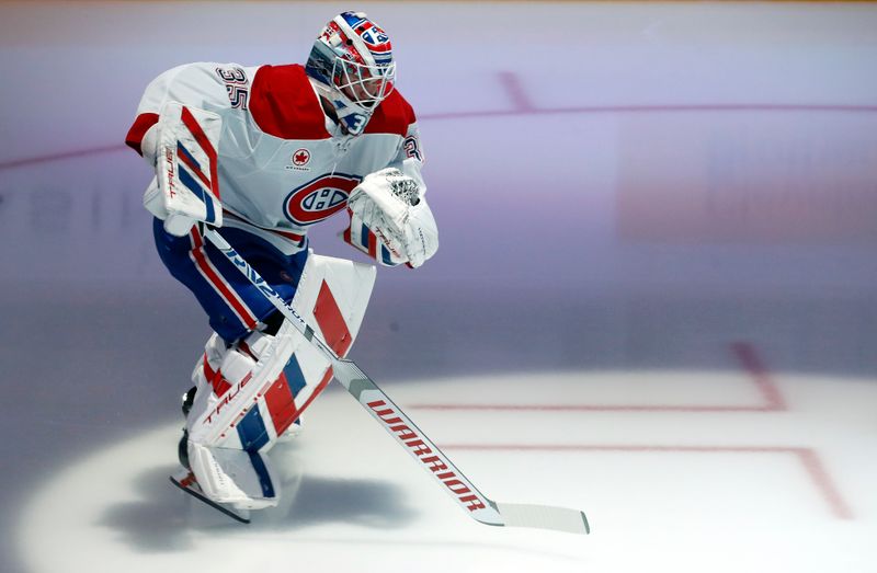 Nov 2, 2024; Pittsburgh, Pennsylvania, USA;  Montreal Canadiens goaltender Sam Montembeault (35) takes the ice to warm up against the Pittsburgh Penguins at PPG Paints Arena. Mandatory Credit: Charles LeClaire-Imagn Images