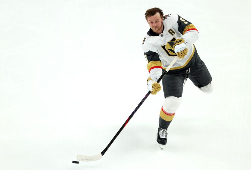 Mar 11, 2025; Pittsburgh, Pennsylvania, USA;  Vegas Golden Knights center Jack Eichel (9) warms up against the Pittsburgh Penguins at PPG Paints Arena. Mandatory Credit: Charles LeClaire-Imagn Images