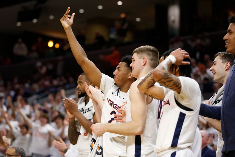 Feb 5, 2024; Charlottesville, Virginia, USA; Virginia Cavaliers guard Reece Beekman (2) celebrates on the bench after the Cavaliers' score against the Miami (Fl) Hurricanes during the second half at John Paul Jones Arena. Mandatory Credit: Amber Searls-USA TODAY Sports