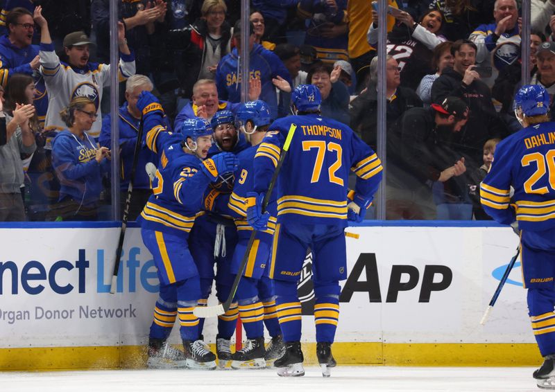 Mar 25, 2026; Buffalo, New York, USA;  Buffalo Sabres left wing Jason Zucker (17) celebrates his second goal of the game with teammates during the third period against the Boston Bruins at KeyBank Center. Mandatory Credit: Timothy T. Ludwig-Imagn Images