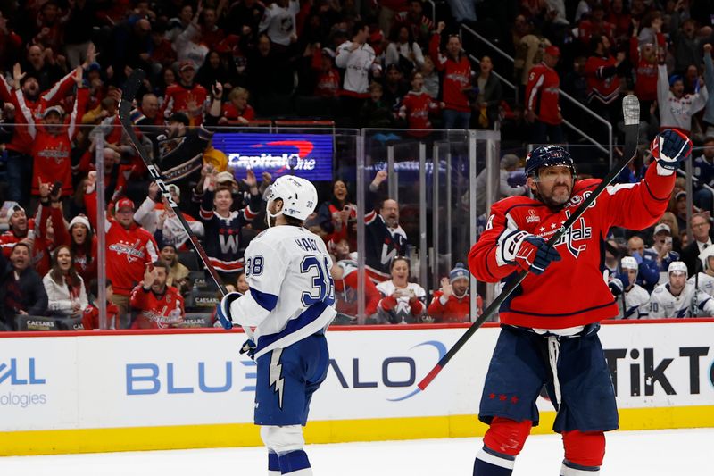 Mar 1, 2025; Washington, District of Columbia, USA; Washington Capitals left wing Alex Ovechkin (8) celebrates after scoring a goal against the Tampa Bay Lightning in the third period at Capital One Arena. Mandatory Credit: Geoff Burke-Imagn Images