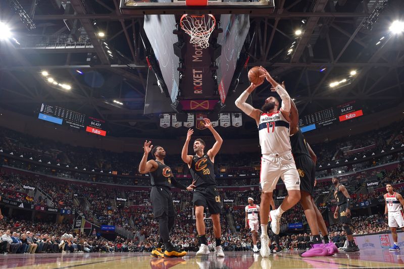 CLEVELAND, OH - NOVEMBER 03:Jonas Valanciunas #17 of the Washington Wizards shoots the ball uring the game against the Cleveland Cavaliers during the Emirates NBA Cup game on November 03, 2024 at Rocket Mortgage FieldHouse in Cleveland, Ohio. NOTE TO USER: User expressly acknowledges and agrees that, by downloading and/or using this Photograph, user is consenting to the terms and conditions of the Getty Images License Agreement. Mandatory Copyright Notice: Copyright 2024 NBAE (Photo by David Liam Kyle/NBAE via Getty Images)