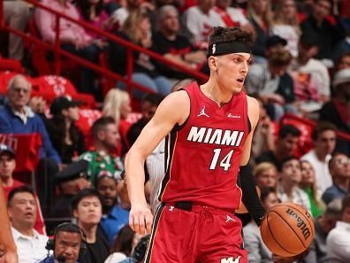 MIAMI, FL - DECEMBER 25:  Tyler Herro #14 of the Miami Heat handles the ball during the game  on December 25, 2023 at Kaseya Center Arena in Miami, Florida. NOTE TO USER: User expressly acknowledges and agrees that, by downloading and or using this Photograph, user is consenting to the terms and conditions of the Getty Images License Agreement. Mandatory Copyright Notice: Copyright 2023 NBAE (Photo by Issac Baldizon/NBAE via Getty Images)