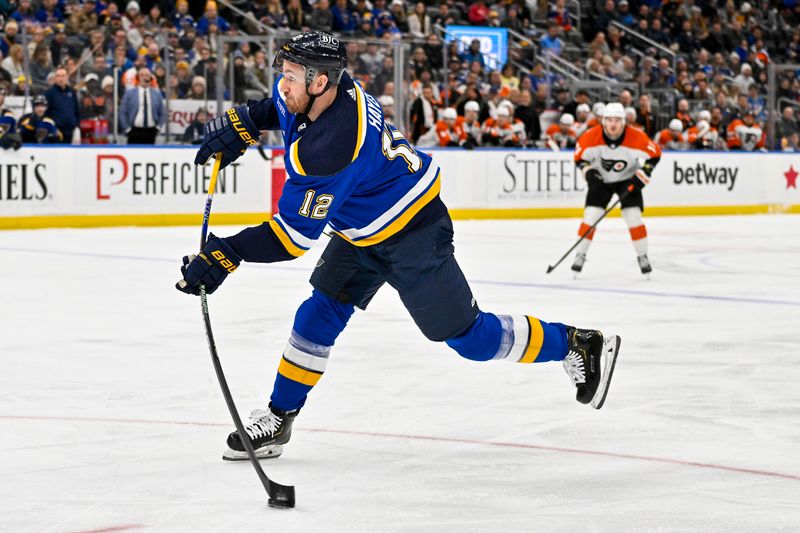 Jan 15, 2024; St. Louis, Missouri, USA;  St. Louis Blues right wing Kevin Hayes (12) shoots against the Philadelphia Flyers during the second period at Enterprise Center. Mandatory Credit: Jeff Curry-USA TODAY Sports