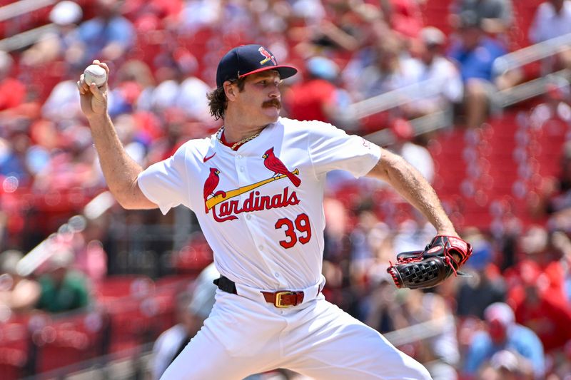 Jul 14, 2024; St. Louis, Missouri, USA;  St. Louis Cardinals starting pitcher Miles Mikolas (39) pitches against the Chicago Cubs during the first inning at Busch Stadium. Mandatory Credit: Jeff Curry-USA TODAY Sports