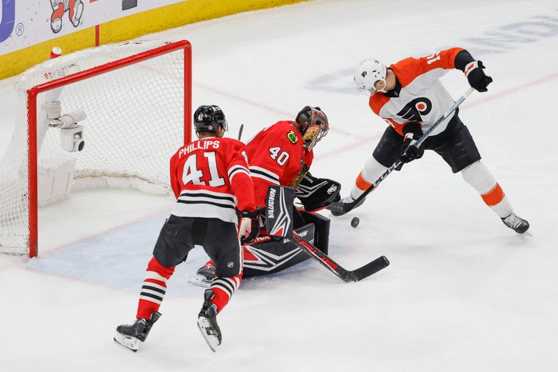 Feb 21, 2024; Chicago, Illinois, USA; Philadelphia Flyers right wing Garnet Hathaway (19) shoots and scores against the Chicago Blackhawks during the second period at United Center. Mandatory Credit: Kamil Krzaczynski-USA TODAY Sports