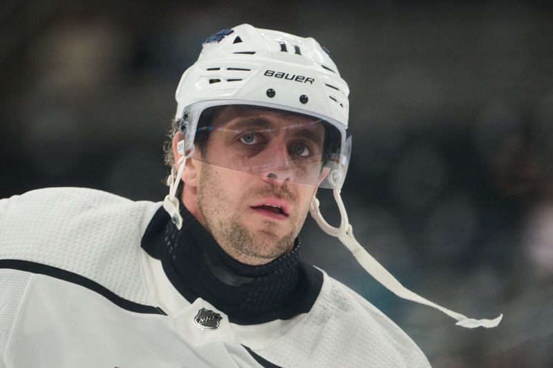 Apr 4, 2024; San Jose, California, USA; Los Angeles Kings center Anze Kopitar (11) warms up before the game against the San Jose Sharks at SAP Center at San Jose. Mandatory Credit: Robert Edwards-USA TODAY Sports