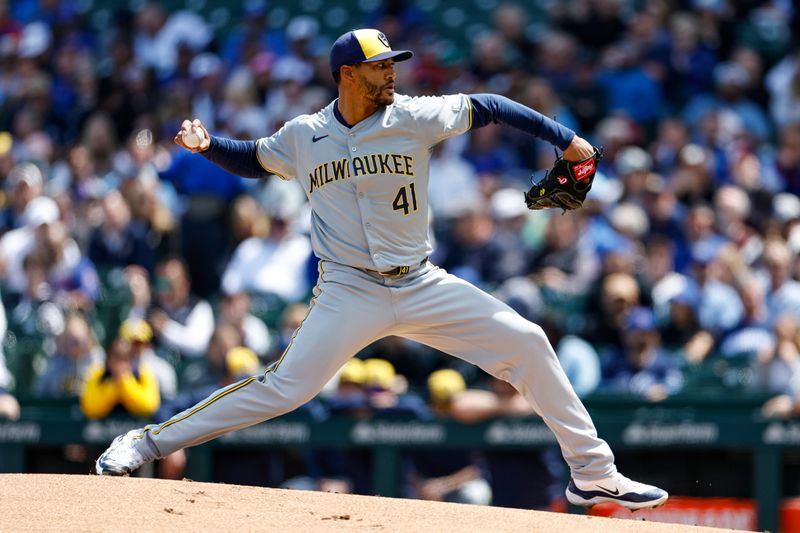 May 3, 2024; Chicago, Illinois, USA; Milwaukee Brewers starting pitcher Joe Ross (41) delivers a pitch against the Chicago Cubs during the first inning at Wrigley Field. Mandatory Credit: Kamil Krzaczynski-USA TODAY Sports