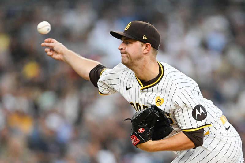 Aug 19, 2024; San Diego, California, USA; San Diego Padres starting pitcher Michael King (34) pitches during the second inning against the Minnesota Twins at Petco Park. Mandatory Credit: Denis Poroy-USA TODAY Sports