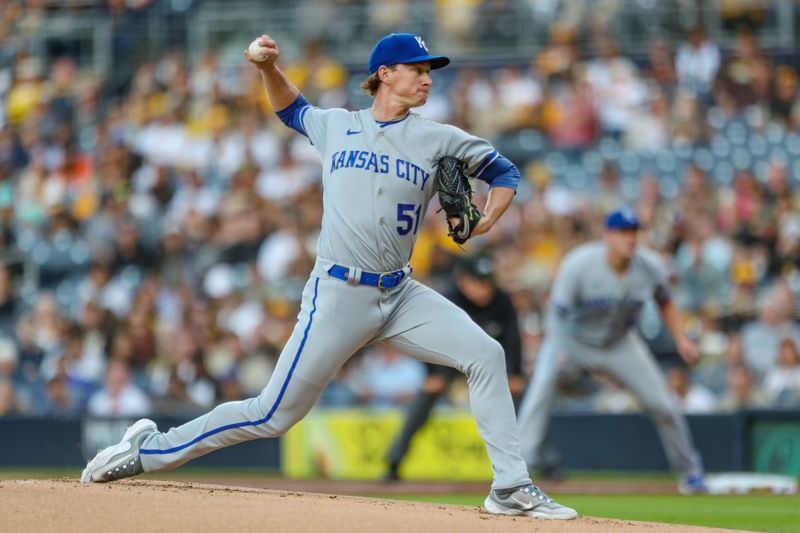 May 16, 2023; San Diego, California, USA; Kansas City Royals starting pitcher Brady Singer (51) throws a pitch during the first inning at Petco Park. Mandatory Credit: David Frerker-USA TODAY Sports