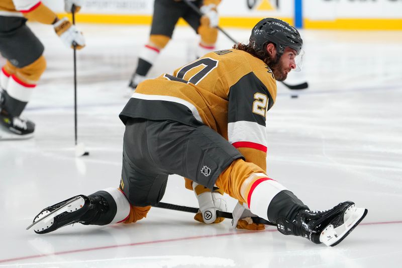 May 8, 2025; Las Vegas, Nevada, USA; Vegas Golden Knights left wing Brandon Saad (20) warms up before game two of the second round of the 2025 Stanley Cup Playoffs against the Edmonton Oilers at T-Mobile Arena. Mandatory Credit: Stephen R. Sylvanie-Imagn Images