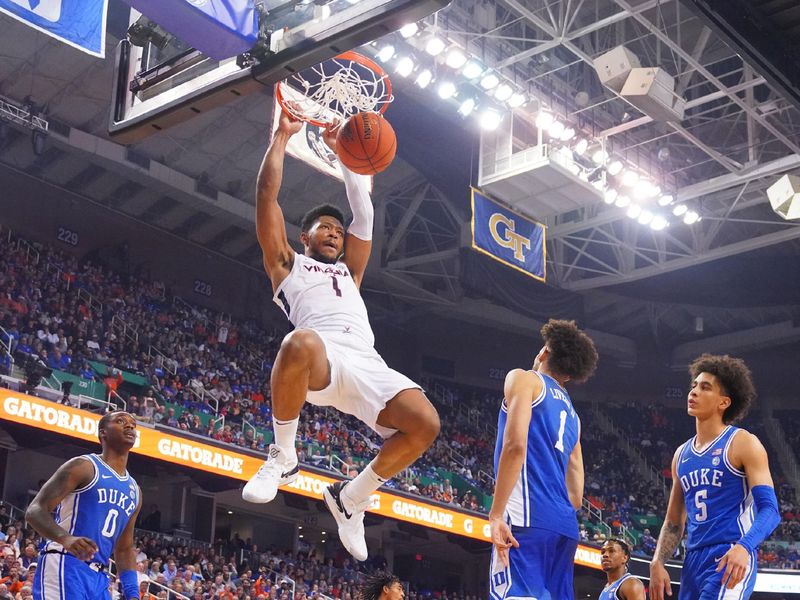 Mar 11, 2023; Greensboro, NC, USA; Virginia Cavaliers forward Jayden Gardner (1) scores in the second half of the the Championship game of the ACC Tournament at Greensboro Coliseum. Mandatory Credit: Bob Donnan-USA TODAY Sports