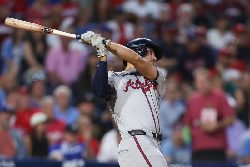 Aug 29, 2024; Philadelphia, Pennsylvania, USA; Atlanta Braves first base Matt Olson (28) hits a two RBI home run during the third inning against the Philadelphia Phillies  at Citizens Bank Park. Mandatory Credit: Bill Streicher-USA TODAY Sports