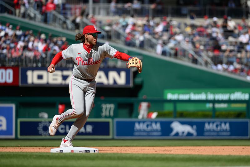 Apr 7, 2024; Washington, District of Columbia, USA; Philadelphia Phillies third base Alec Bohm (28) throws to first base during the sixth inning against the Washington Nationals at Nationals Park. Mandatory Credit: Reggie Hildred-USA TODAY Sports