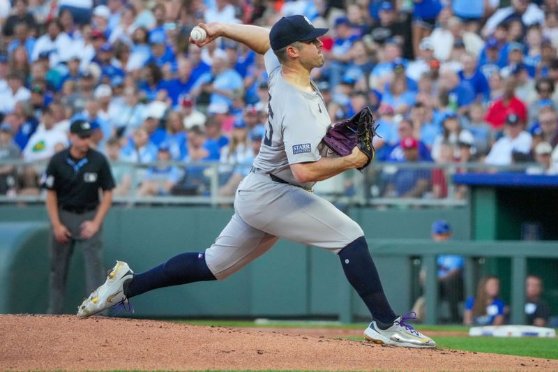 Jun 10, 2024; Kansas City, Missouri, USA; New York Yankees starting pitcher Carlos Rodón (55) delivers a pitch against the Kansas City Royals in the first inning at Kauffman Stadium. Mandatory Credit: Denny Medley-USA TODAY Sports