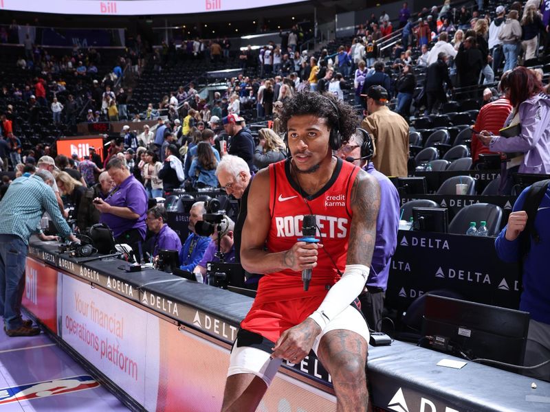 SALT LAKE CITY, UT - MARCH 29: Jalen Green #4 of the Houston Rockets talks to the media after the game against the Utah Jazz on March 29, 2024 at Delta Center in Salt Lake City, Utah. NOTE TO USER: User expressly acknowledges and agrees that, by downloading and or using this Photograph, User is consenting to the terms and conditions of the Getty Images License Agreement. Mandatory Copyright Notice: Copyright 2024 NBAE (Photo by Melissa Majchrzak/NBAE via Getty Images)