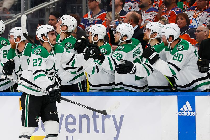 Jun 2, 2024; Edmonton, Alberta, CAN; The Dallas Stars celebrate a goal by forward Mason Marchment (27) during the third period against the Edmonton Oilers in game six of the Western Conference Final of the 2024 Stanley Cup Playoffs at Rogers Place. Mandatory Credit: Perry Nelson-USA TODAY Sports