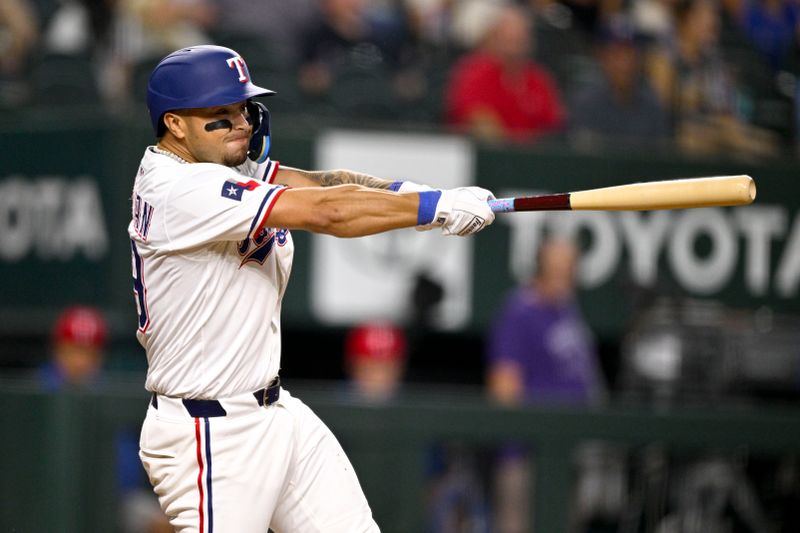 Aug 23, 2025; Arlington, Texas, USA; Texas Rangers second baseman Cody Freeman (39) bats during the game against the Cleveland Guardians at Globe Life Field. Mandatory Credit: Jerome Miron-Imagn Images