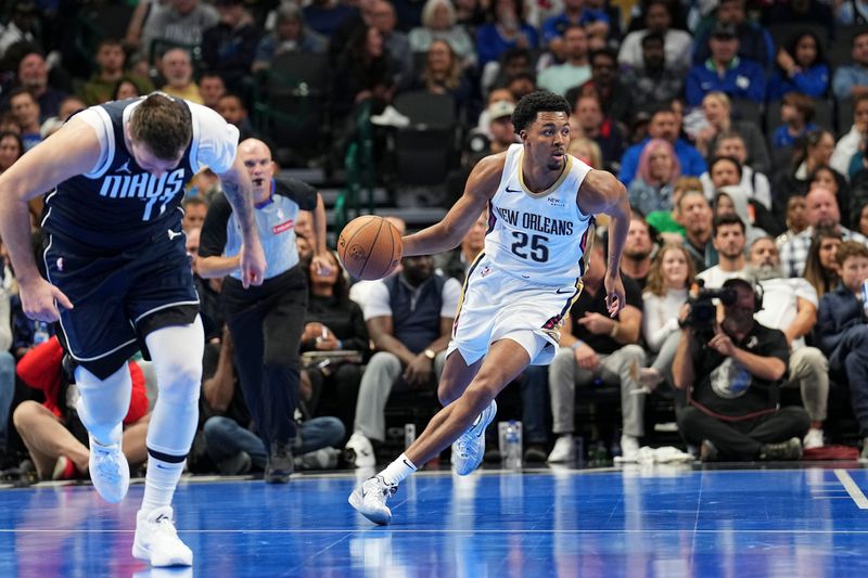 DALLAS, TX - November 19: Trey Murphy III #25 of the New Orleans Pelicans drives to the basket during the NBA Cup game against the Dallas Mavericks on November 19, 2024 at American Airlines Center in Dallas, Texas. NOTE TO USER: User expressly acknowledges and agrees that, by downloading and or using this photograph, User is consenting to the terms and conditions of the Getty Images License Agreement. Mandatory Copyright Notice: Copyright 2024 NBAE (Photo by Glenn James/NBAE via Getty Images)