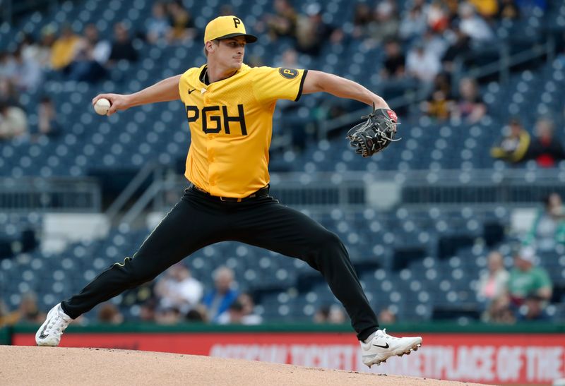 Apr 19, 2024; Pittsburgh, Pennsylvania, USA;  Pittsburgh Pirates starting pitcher Quinn Priester (46) delivers a pitch against the /sx/ during the first inning at PNC Park. Mandatory Credit: Charles LeClaire-USA TODAY Sports