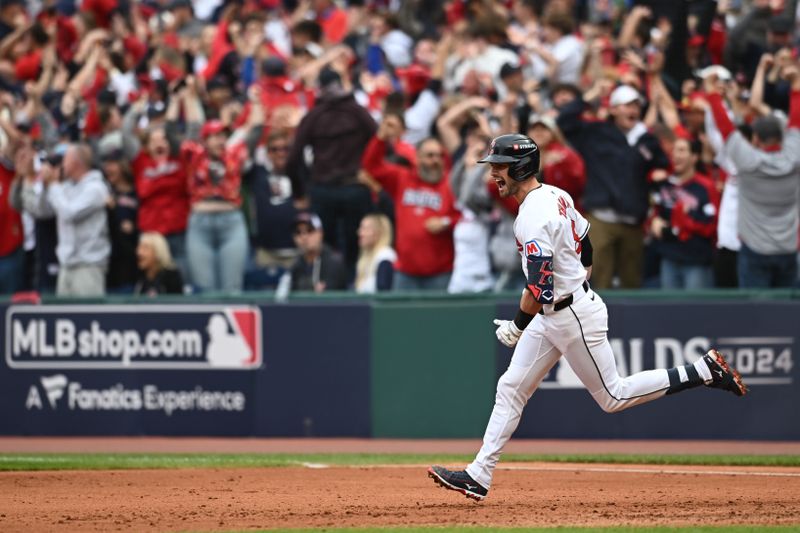 Oct 12, 2024; Cleveland, Ohio, USA; Cleveland Guardians outfielder Lane Thomas (8) runs the bases after hitting a grand slam in the fifth inning against the Detroit Tigers during game five of the ALDS for the 2024 MLB Playoffs at Progressive Field. Mandatory Credit: Ken Blaze-Imagn Images