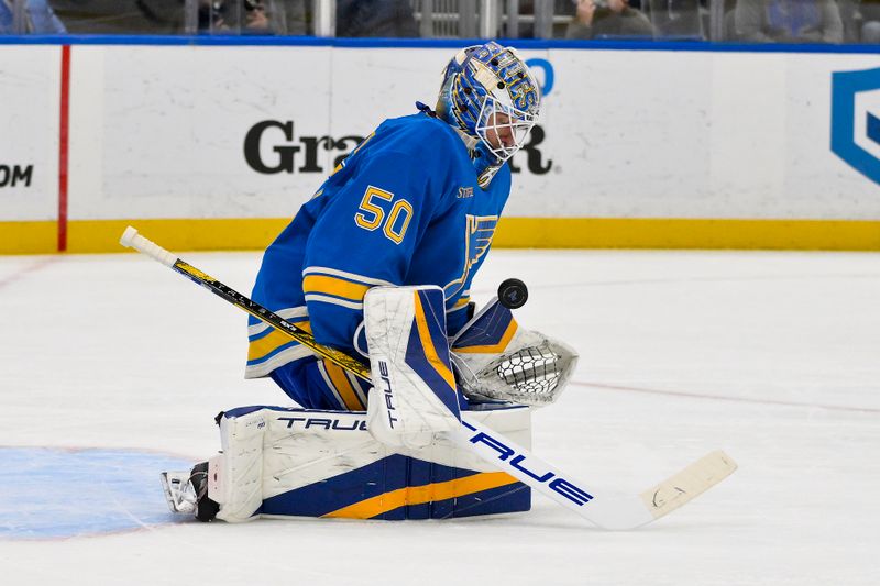 Nov 9, 2024; St. Louis, Missouri, USA;  St. Louis Blues goaltender Jordan Binnington (50) defends the net against the Washington Capitals during the first period at Enterprise Center. Mandatory Credit: Jeff Curry-Imagn Images