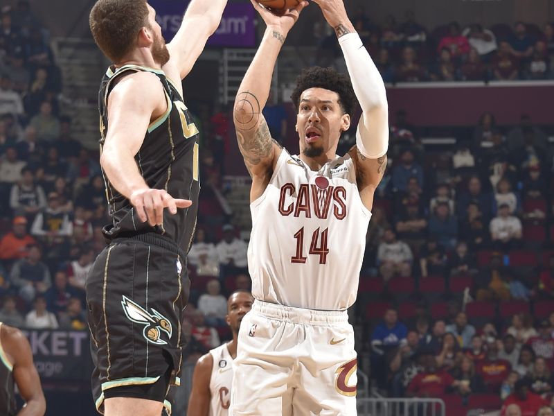 CLEVELAND, OH - APRIL 9: Danny Green #14 of the Cleveland Cavaliers shoots the ball during the game against the Charlotte Hornets on April 9, 2023 at Rocket Mortgage FieldHouse in Cleveland, Ohio. NOTE TO USER: User expressly acknowledges and agrees that, by downloading and/or using this Photograph, user is consenting to the terms and conditions of the Getty Images License Agreement. Mandatory Copyright Notice: Copyright 2023 NBAE (Photo by David Liam Kyle/NBAE via Getty Images)