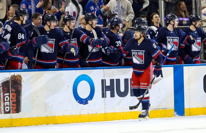 Nov 3, 2024; New York, New York, USA; New York Rangers left wing Artemi Panarin (10) celebrates his goal against the New York Islanders during the second period at Madison Square Garden. Mandatory Credit: Danny Wild-Imagn Images