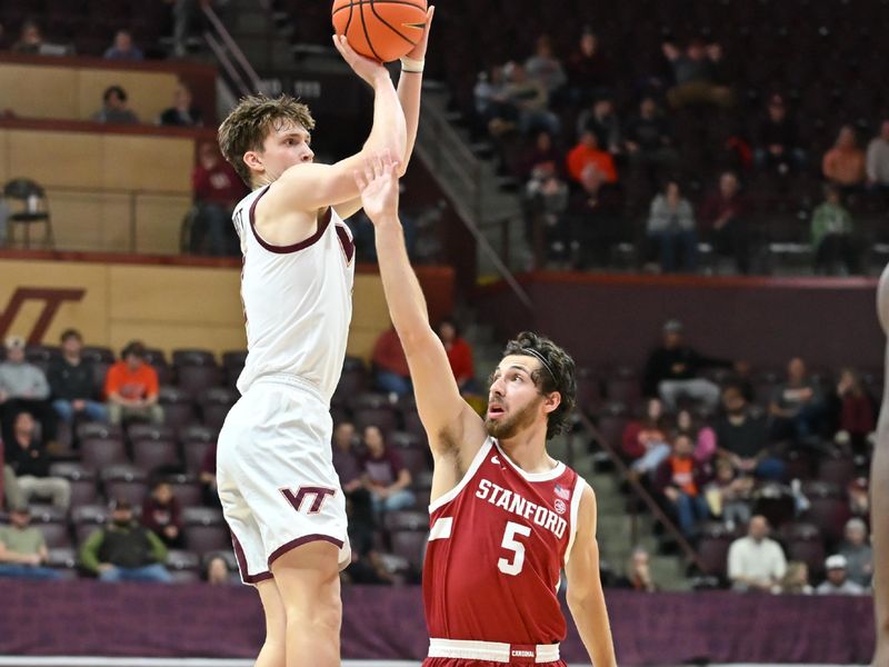Jan 7, 2026; Blacksburg, Virginia, USA;  Virginia Tech Hokies guard Jaden Schutt (2) shoots a shot as Stanford Cardinal guard Benny Gealer (5) defends during the first half at Cassell Coliseum. Mandatory Credit: Brian Bishop-Imagn Images