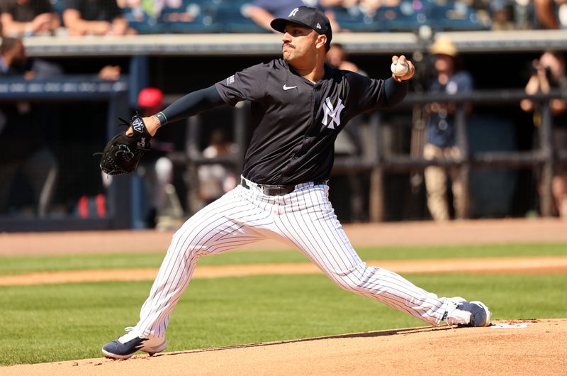 Feb 26, 2024; Tampa, Florida, USA;  New York Yankees starting pitcher Nestor Cortes (65) throws a pitch during the first inning against the Minnesota Twins at George M. Steinbrenner Field. Mandatory Credit: Kim Klement Neitzel-USA TODAY Sports