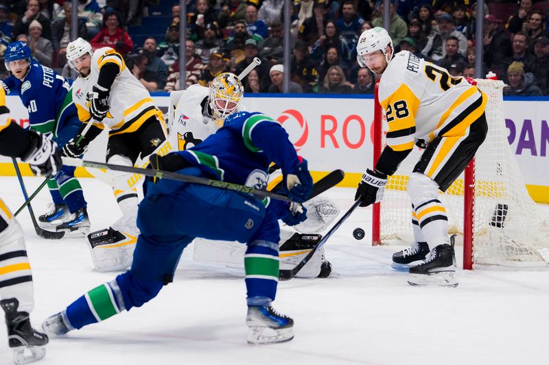 Feb 27, 2024; Vancouver, British Columbia, CAN; Pittsburgh Penguins defenseman Marcus Pettersson (28) watches as Vancouver Canucks forward Nils Hoglander (21) score on goalie Tristan Jarry (35) in the first period at Rogers Arena. Mandatory Credit: Bob Frid-USA TODAY Sports