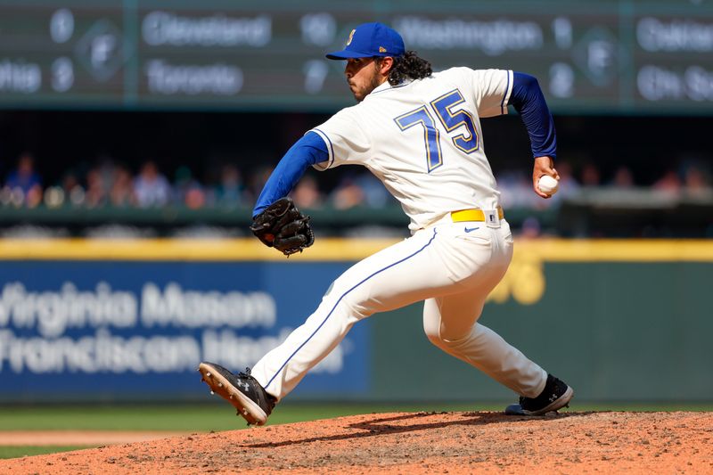 Aug 27, 2023; Seattle, Washington, USA; Seattle Mariners relief pitcher Andres Munoz (75) throws against the Kansas City Royals during the ninth inning at T-Mobile Park. Mandatory Credit: Joe Nicholson-USA TODAY Sports