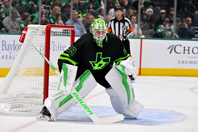 Nov 29, 2024; Dallas, Texas, USA; Dallas Stars goaltender Jake Oettinger (29) faces the Colorado Avalanche attack during the third period at the American Airlines Center. Mandatory Credit: Jerome Miron-Imagn Images